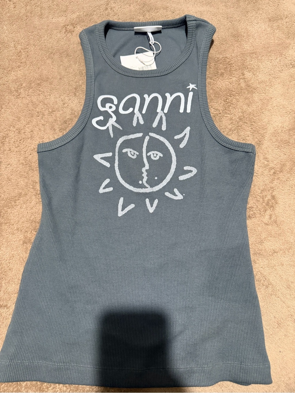 Ganni Women Gray Graphic Ribbed Tank Top